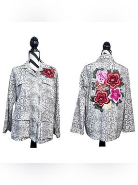 Avani Del Amour Sz M Floral Embroidered Boho 100% Cotton Snake Print Jacket